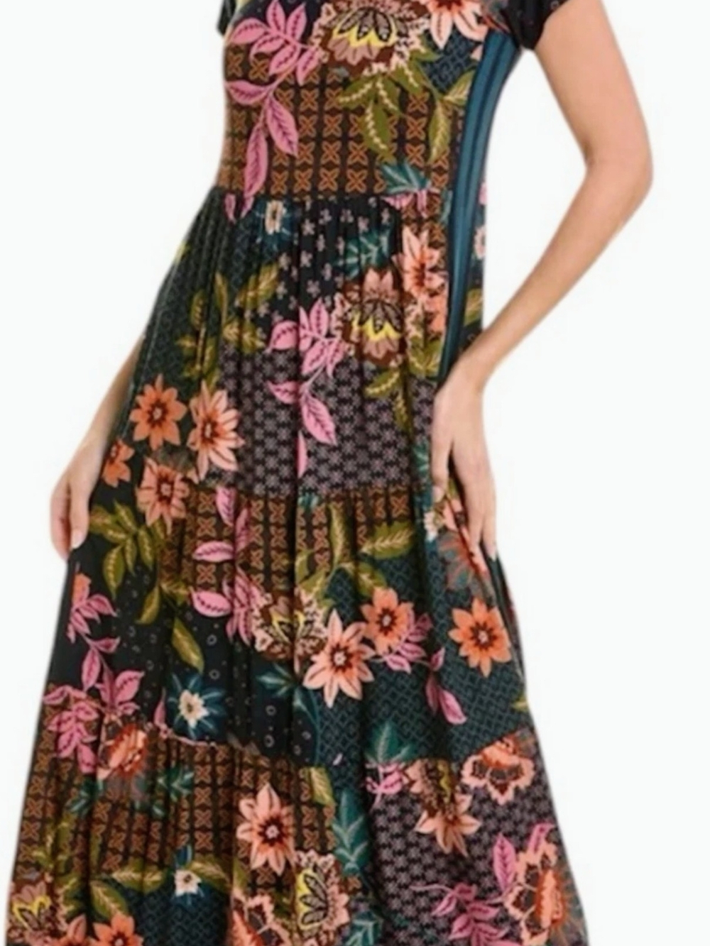 Johnny Was Black Maxi Dress with Pink, Orange & Green Floral